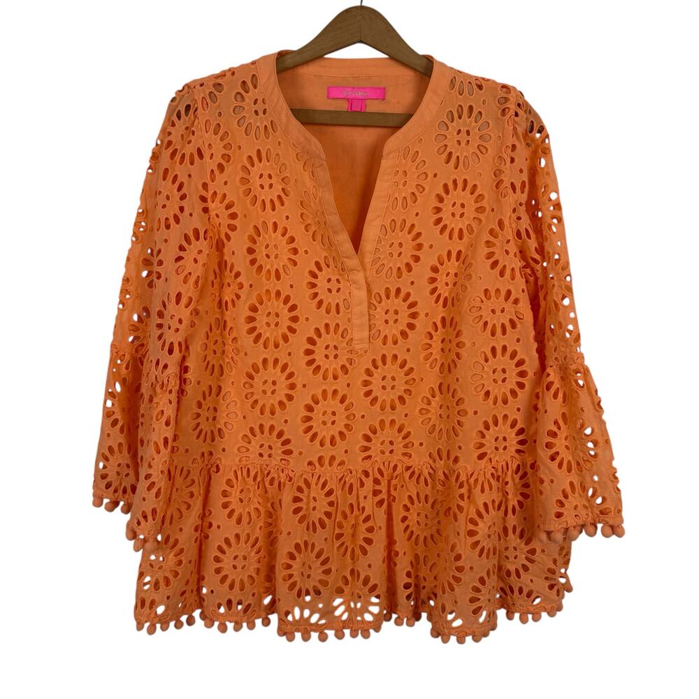 Lilly Pulitzer Women Bekah Top Small Cantaloupe Pinwheel Eyelet Preppy Resort